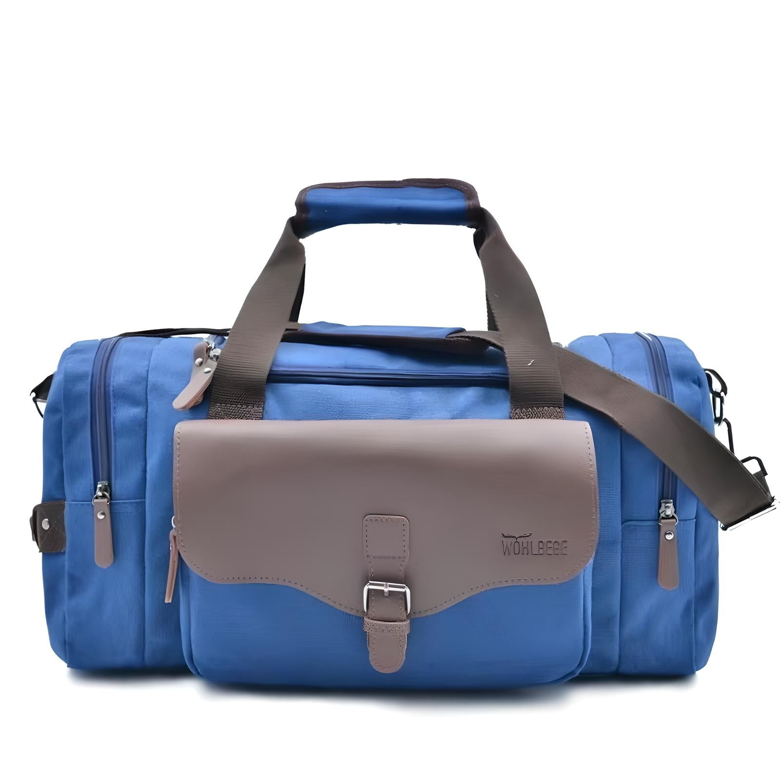 Blaue Reisetasche mit braunen Lederakzenten, geräumig, ideal für Reisen und Sport.
