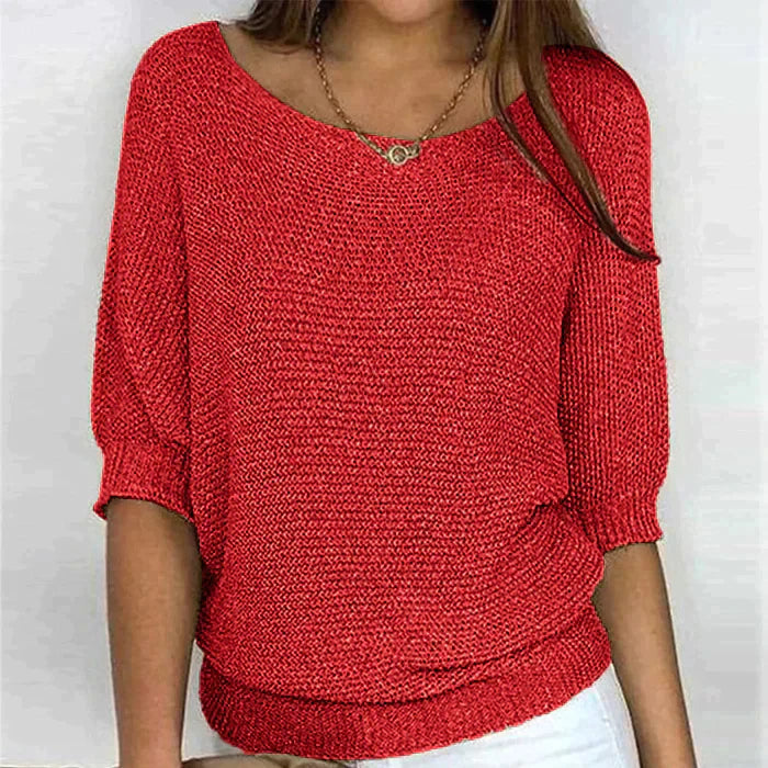 Roter Strickpullover Damen, lässiger Stil, weiches Material, ideal für Herbstmode. Perfekt kombinierbar mit Jeans oder Röcken.