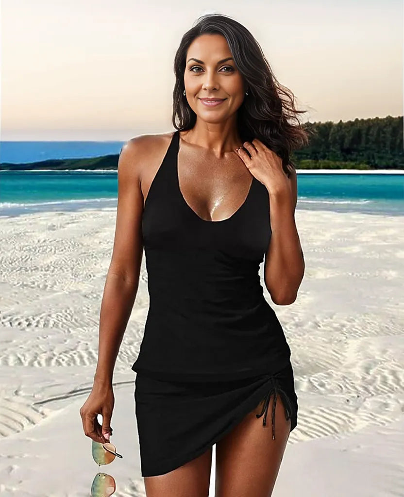 Schwarzes Strandkleid Damen, ärmellos, figurbetont, ideal für Sommermode. Perfekt für Strandurlaub und Freizeit. Elegantes Design, bequem.