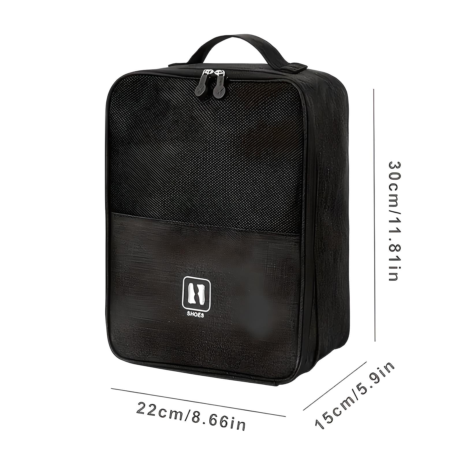 Schwarze Schuhaufbewahrungstasche, 30x22x15 cm, Reißverschluss, Tragegriff, Reise-Organizer.