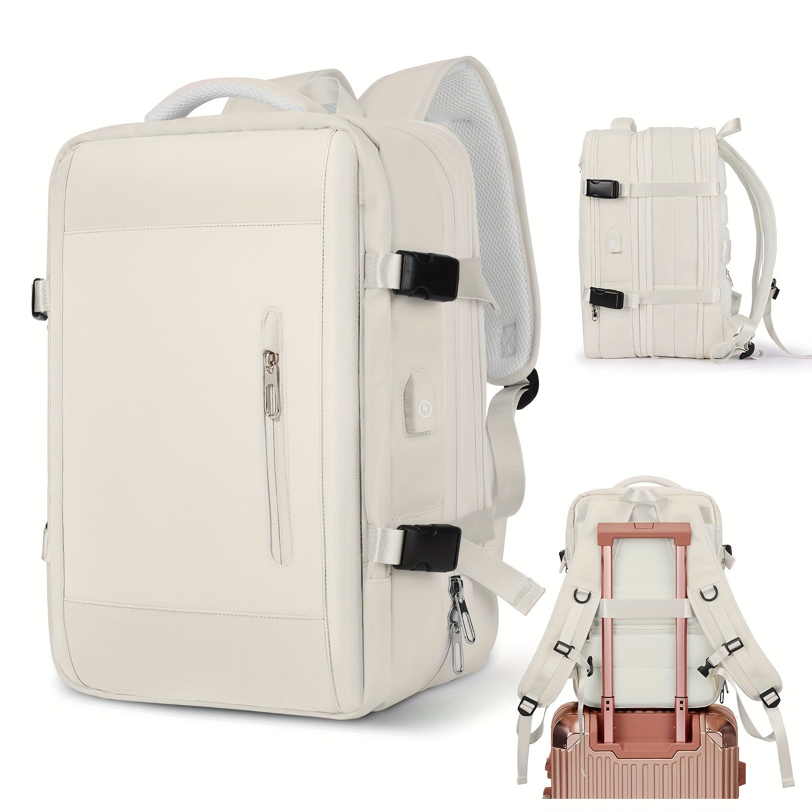 Moderner, weißer Rucksack mit mehreren Fächern, ideal für Reisen und Business. Ergonomisches Design, wasserabweisend, mit USB-Anschluss.