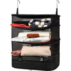 Schwarzer hängender Kleiderschrank-Organizer mit drei Regalen, ideal für Reisen und Aufbewahrung.