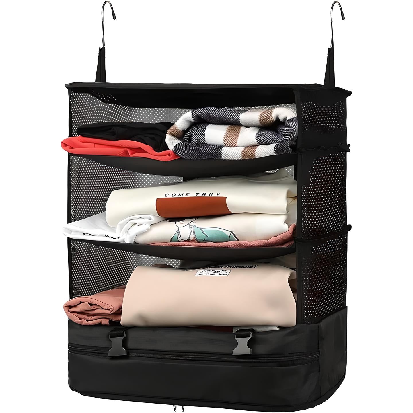 Schwarzer hängender Kleiderschrank-Organizer mit drei Regalen, ideal für Reisen und Aufbewahrung.
