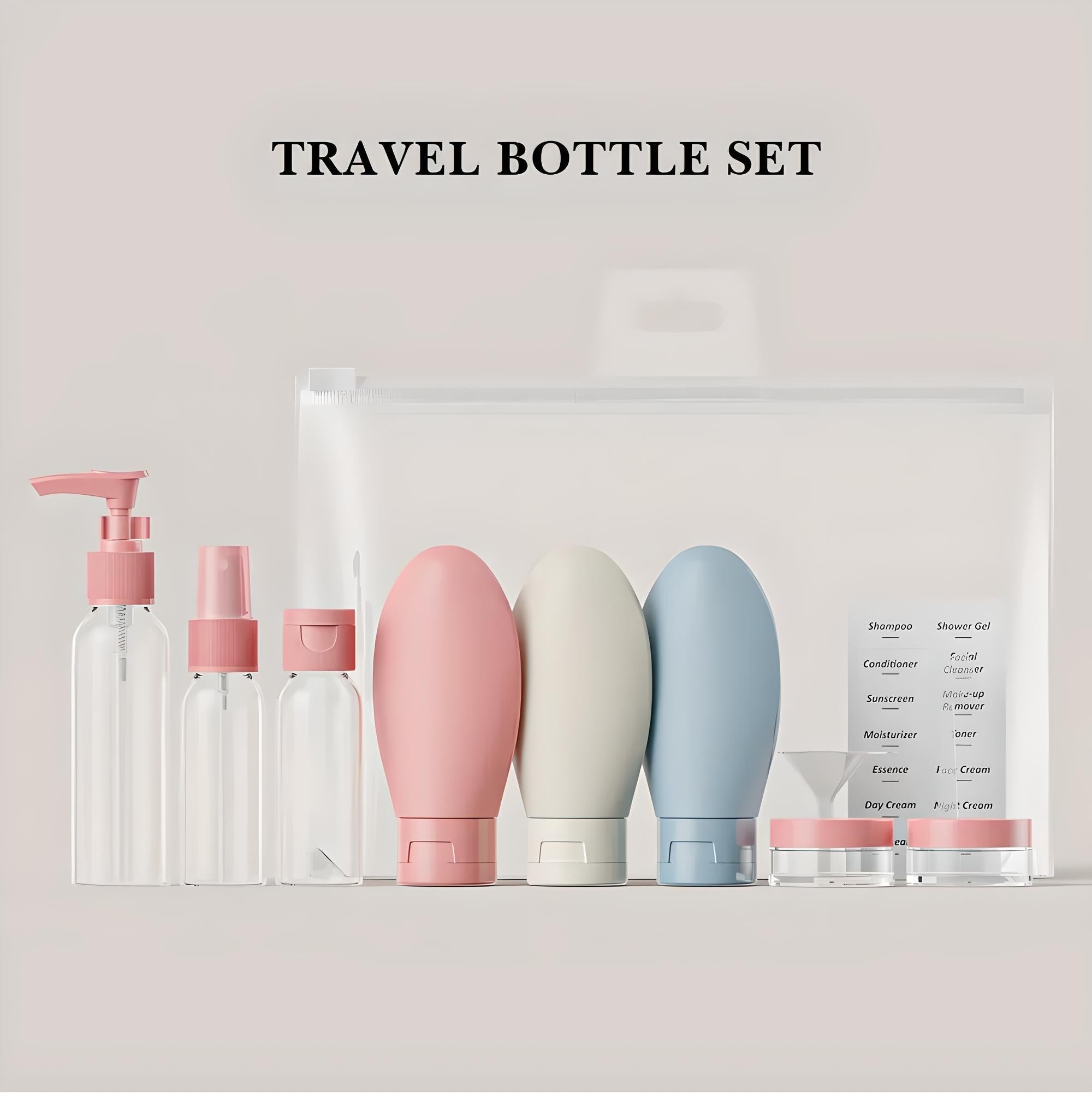 Reiseset Flaschen, transparent, Silikon, 3 Farben, mit Etiketten, ideal für Shampoo und Lotion.