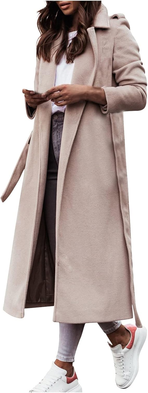 Damen-Wollmantel in Beige, lang und elegant, mit Gürtel. Perfekt für Herbst und Winter. Modischer Mantel für stilvolle Outfits.