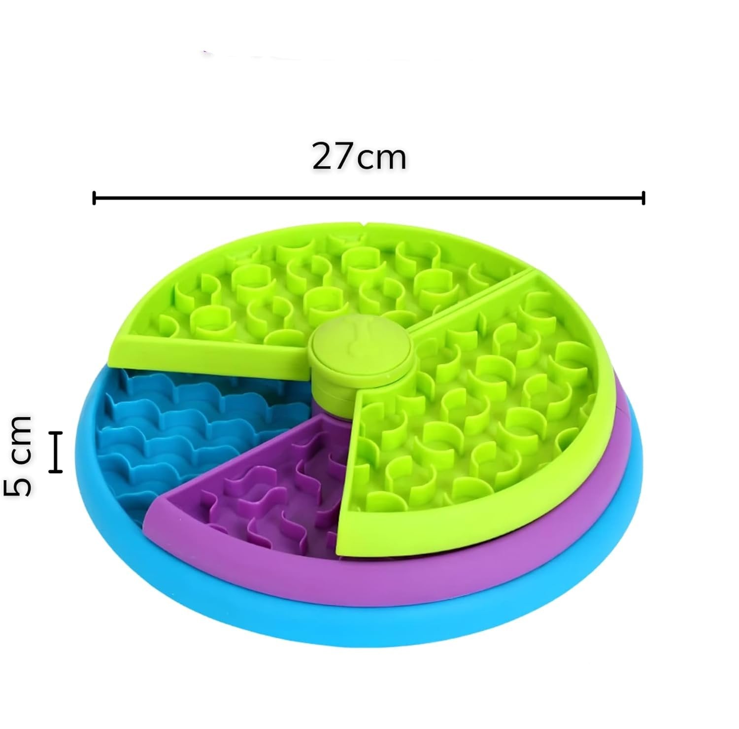 Bunter runder Hundespielzeug-Feeder, 27cm, interaktives Puzzle, Kunststoff, grün, blau, lila.