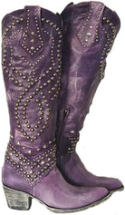 Lila Cowboystiefel mit Nieten, Westernstil, Damenstiefel, Leder, hoher Absatz, modisch, robust, ideal für Country- und Festival-Looks.