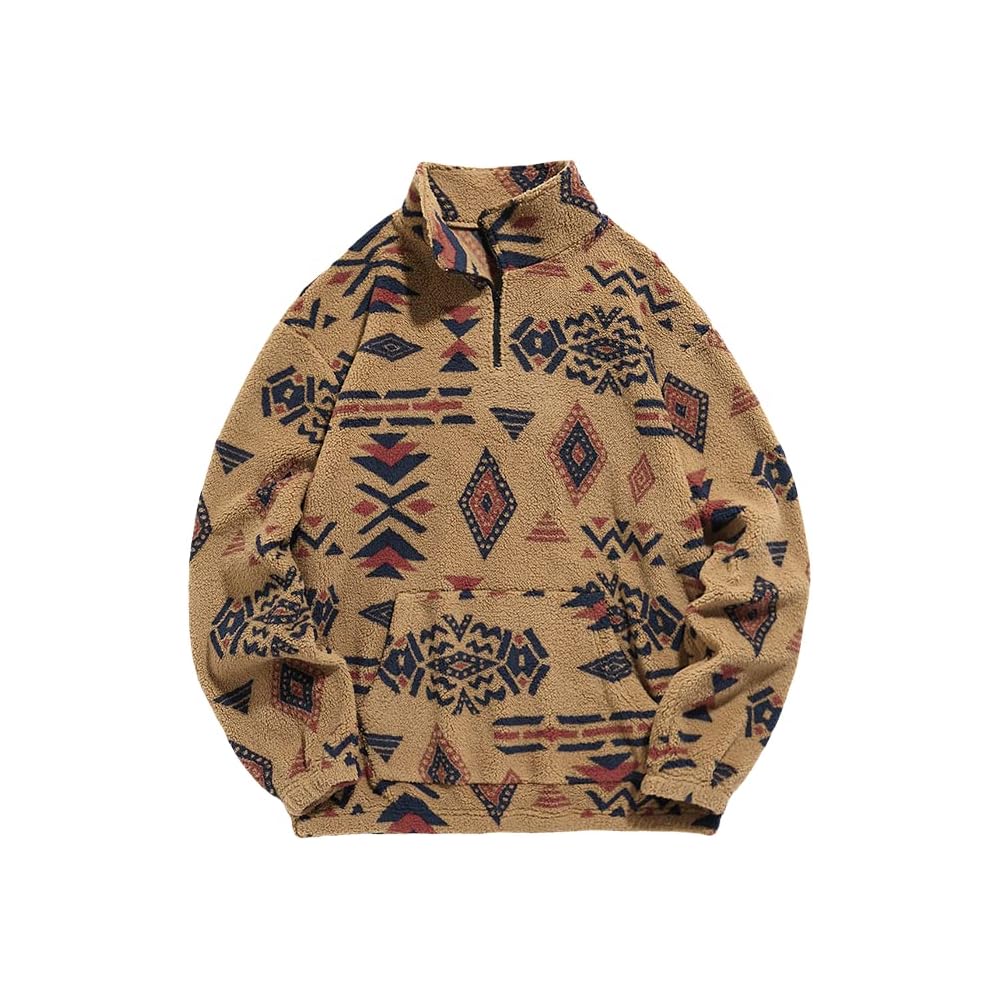 Brauner Pullover mit Aztekenmuster, Fleece, Reißverschluss, Herrenmode, Winterbekleidung.