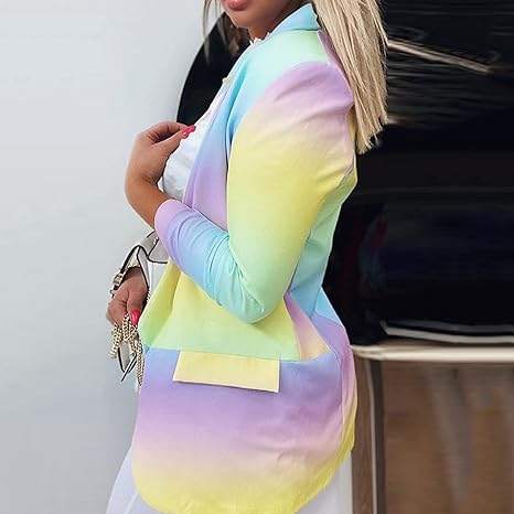 Damenblazer in Pastellfarben, Regenbogen-Design, modisch und elegant, ideal für Frühling und Sommer. Perfekt für stilvolle Outfits und Bürolooks.