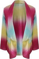 Bunter Blazer mit Farbverlauf in Pink, Blau und Gelb, ideal für modische Outfits. Perfekt für Damenmode, trendige Jacken, stilvolle Oberbekleidung.
