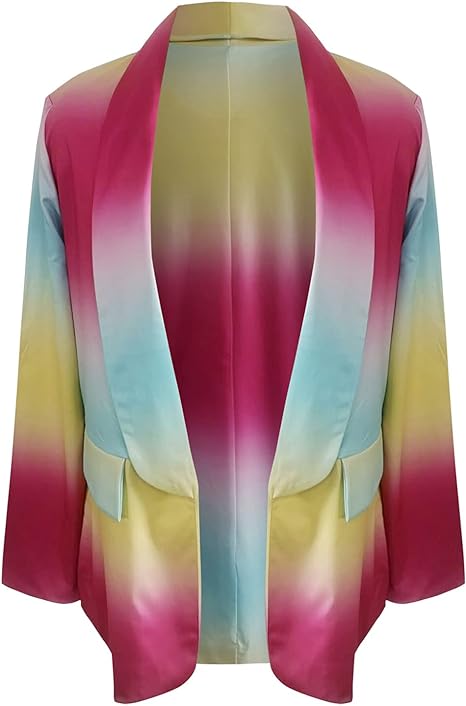 Bunter Blazer mit Farbverlauf in Pink, Blau und Gelb, ideal für modische Outfits. Perfekt für Damenmode, trendige Jacken, stilvolle Oberbekleidung.