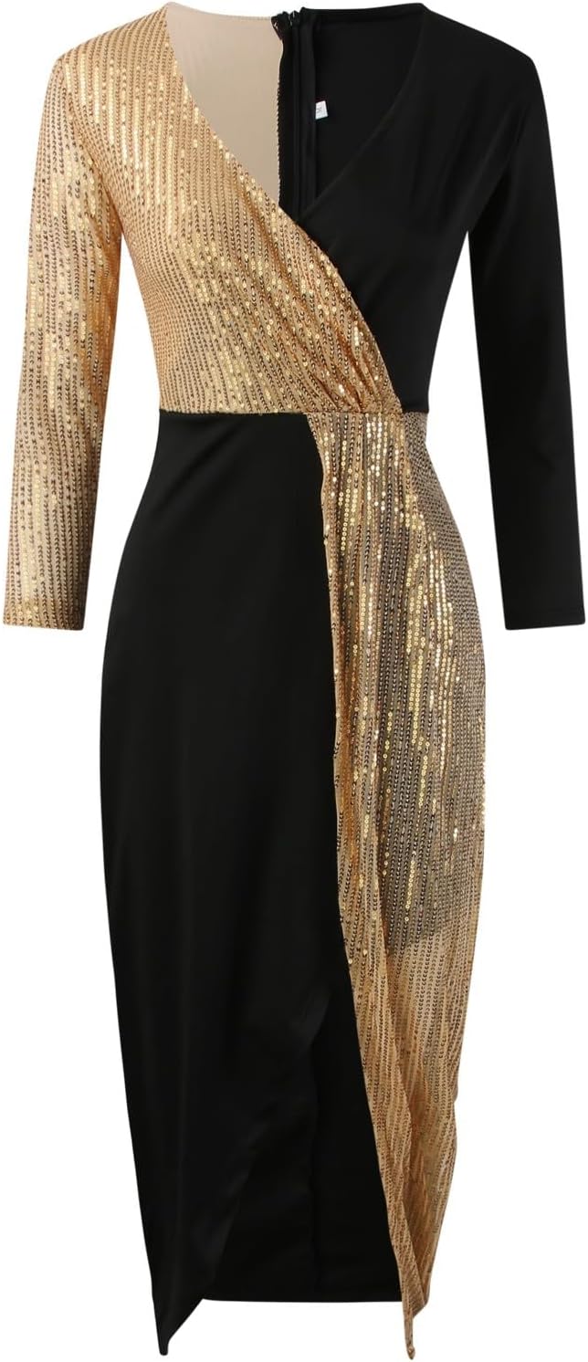 Elegantes schwarzes Abendkleid mit goldenen Pailletten, asymmetrischem Design und langen Ärmeln. Perfekt für festliche Anlässe und Partys.