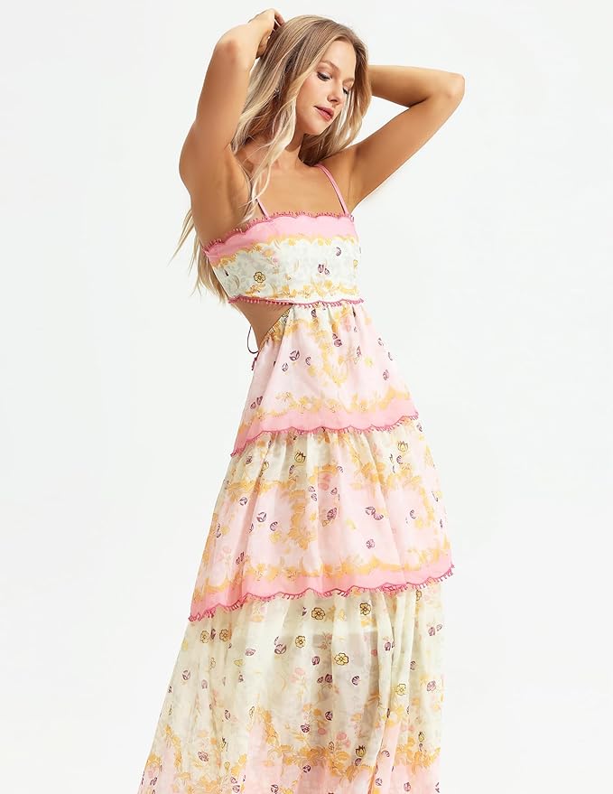 Langes Sommerkleid mit Blumenmuster, pastellfarben, ärmellos, ideal für Strandmode. Perfekt für Damen, die leichte, luftige Kleidung suchen.
