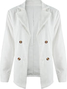 Eleganter weißer Cordblazer für Damen, doppelreihig mit Holzknöpfen. Perfekt für stilvolle Business- und Freizeitoutfits.