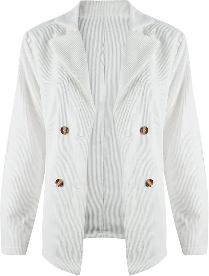 Eleganter weißer Cordblazer für Damen, doppelreihig mit Holzknöpfen. Perfekt für stilvolle Business- und Freizeitoutfits.