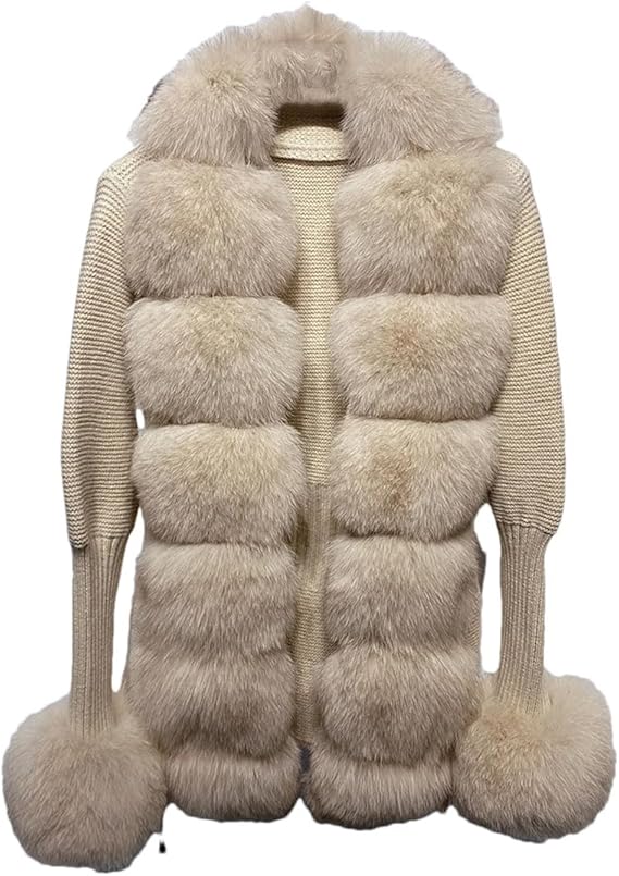 Luxuriöse Damen Strickjacke mit Kunstpelz, beige, modisch, warm, ideal für Winter, stilvoller Look, hochwertige Materialien, elegantes Design.
