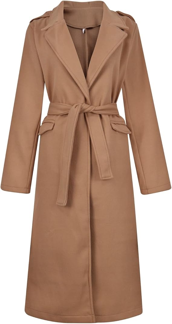Eleganter Damen-Wollmantel in Kamelbraun mit Gürtel, klassischem Reverskragen und langen Ärmeln. Perfekt für Herbst- und Wintermode.