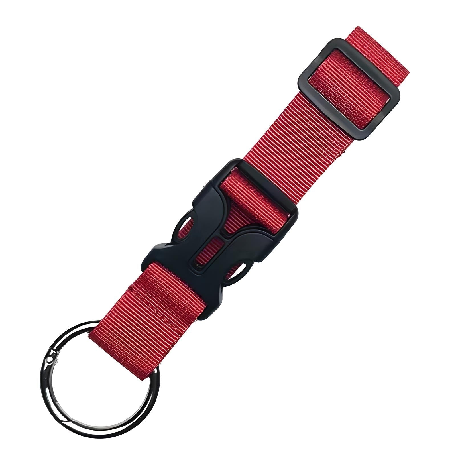 Roter Nylon-Schlüsselanhänger mit schwarzem Kunststoffverschluss und Metallring.