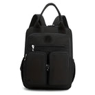 Schwarzer Rucksack mit mehreren Taschen, Reißverschlüssen, ideal für Reisen und Alltag.