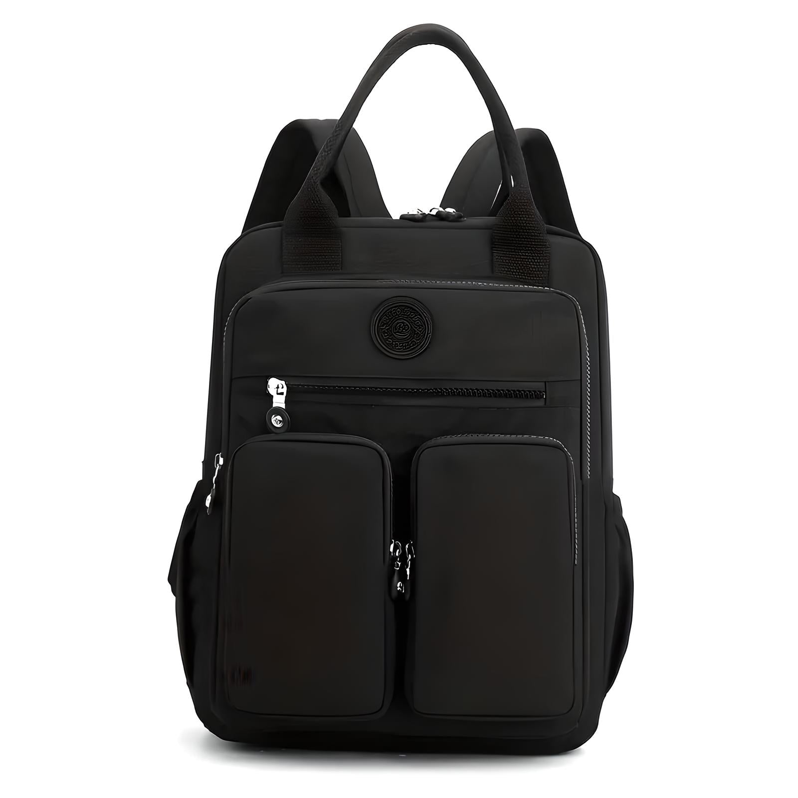 Schwarzer Rucksack mit mehreren Taschen, Reißverschlüssen, ideal für Reisen und Alltag.