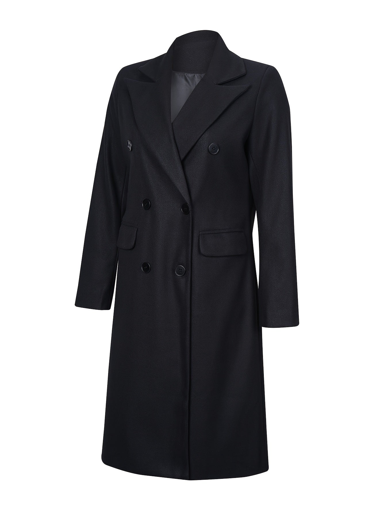 Eleganter schwarzer Damenmantel, doppelreihig, klassisches Design, ideal für Herbst und Winter. Hochwertige Mode, zeitloser Stil.