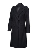 Eleganter schwarzer Damenmantel, doppelreihig, klassisches Design, ideal für Herbst und Winter. Hochwertige Mode, zeitloser Stil.