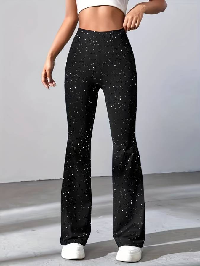 Damenhose mit Sternenmuster, schwarz, hohe Taille, ausgestellter Schnitt. Modische Leggings, ideal für Freizeit und Sport. Trendige Damenmode.