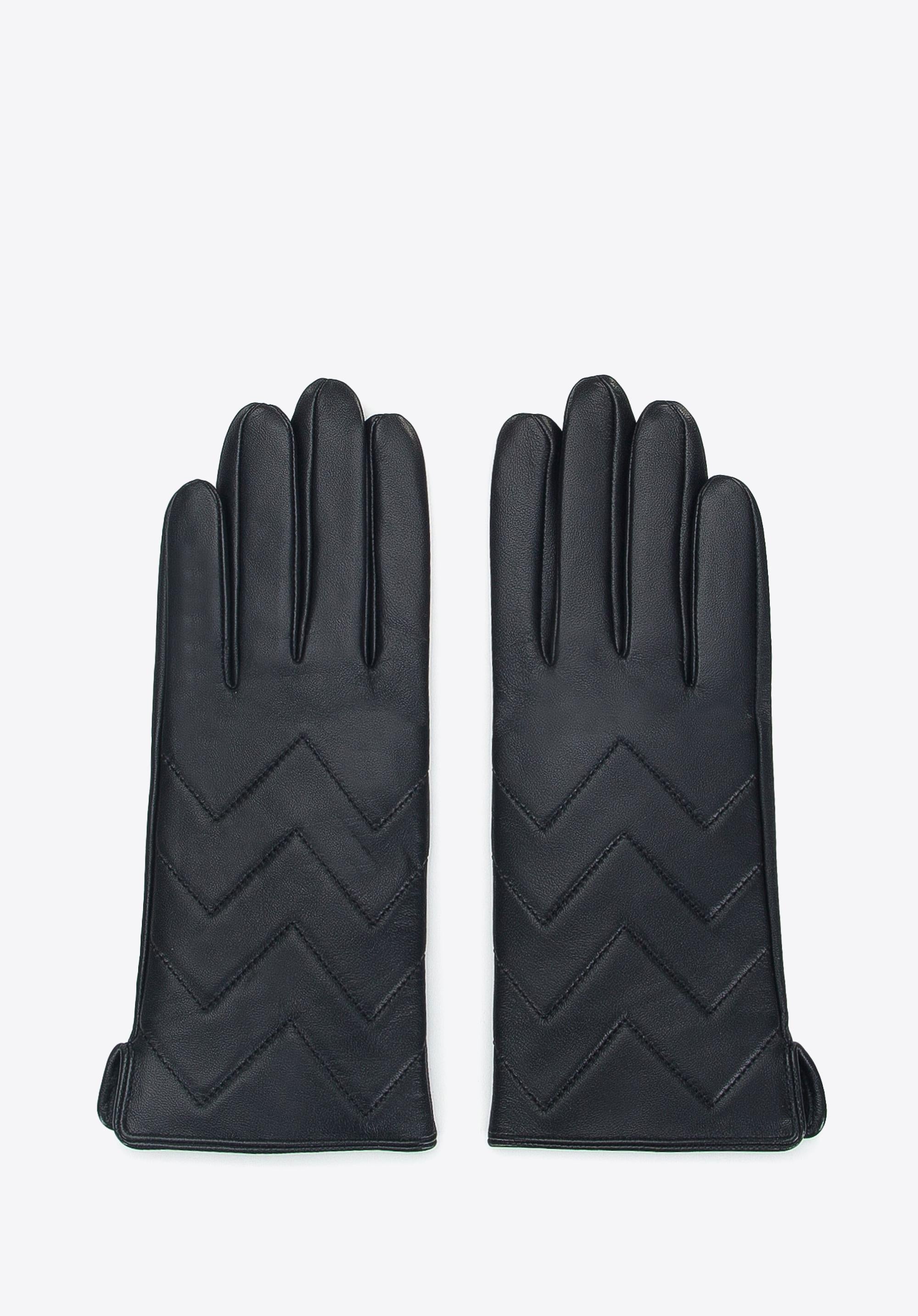 Schwarze Lederhandschuhe mit Zickzack-Muster, elegant und stilvoll, ideal für Herbst und Winter. Hochwertige Materialien, modisches Accessoire.