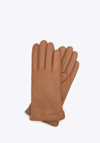 Braune Lederhandschuhe für Damen, elegant und stilvoll. Perfekt für Herbst und Winter. Hochwertiges Material, ideal für modische Outfits.