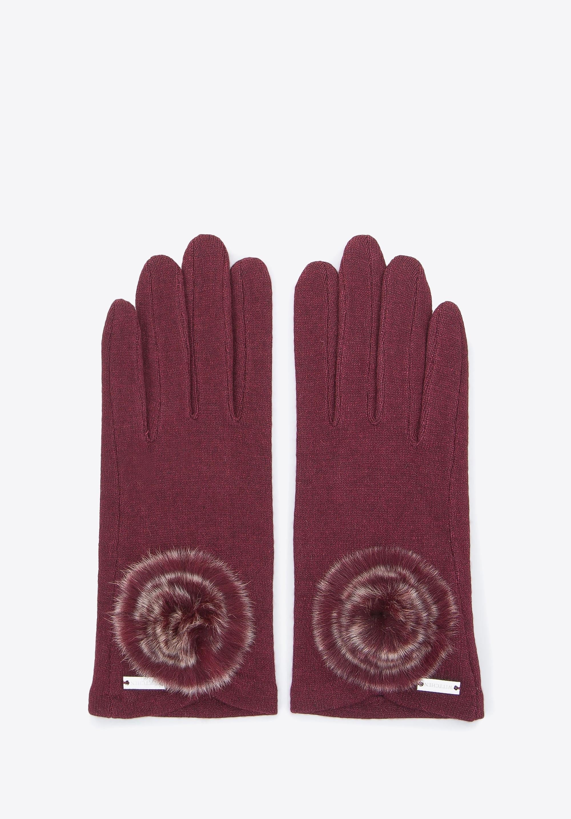 Damenhandschuhe aus Wolle in Bordeaux mit Kunstfell-Pompons, elegant und warm, ideal für Wintermode und stilvolle Accessoires.