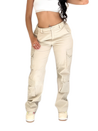 Beige Cargo-Hose für Damen, lässig und modisch, mit mehreren Taschen. Perfekt für Streetwear und Freizeitoutfits. Hochwertige Baumwolle.