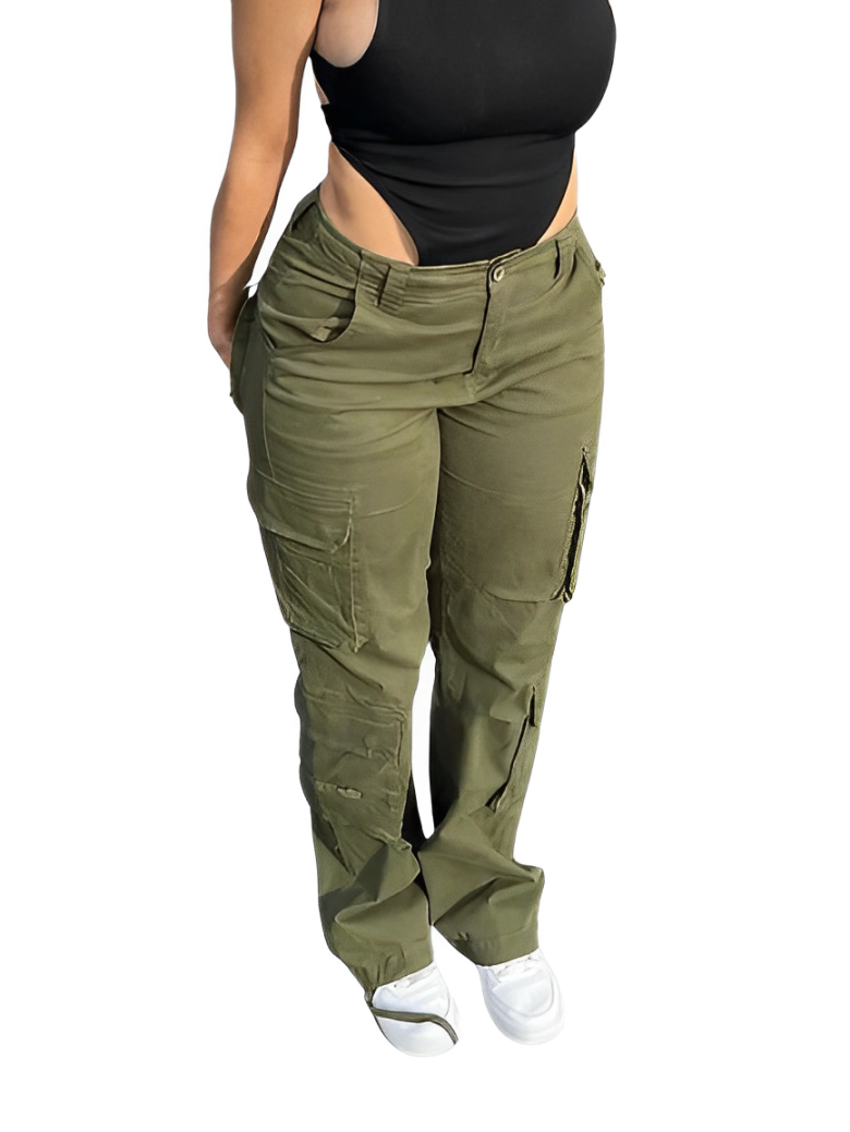 Damen-Cargohose in Olivgrün, hoher Bund, seitliche Taschen, lässiger Stil, ideal für Outdoor-Aktivitäten und Freizeitmode.