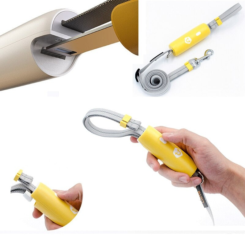 Tragbarer gelber Hundekotbeutelspender mit integrierter Leine, ideal für Spaziergänge. Praktisches Design, leicht und einfach zu bedienen.