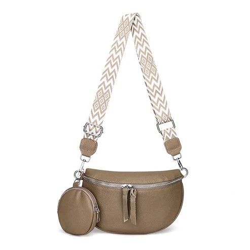 Beige Umhängetasche mit geometrischem Schulterriemen und rundem Münzfach. Modische Damenhandtasche, ideal für Alltag und Reisen.