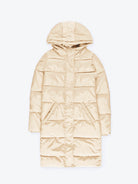 Beige Damen-Daunenmantel mit Kapuze, warm und stilvoll, ideal für Wintermode. Hochwertige Materialien, modisches Design, perfekte Passform.