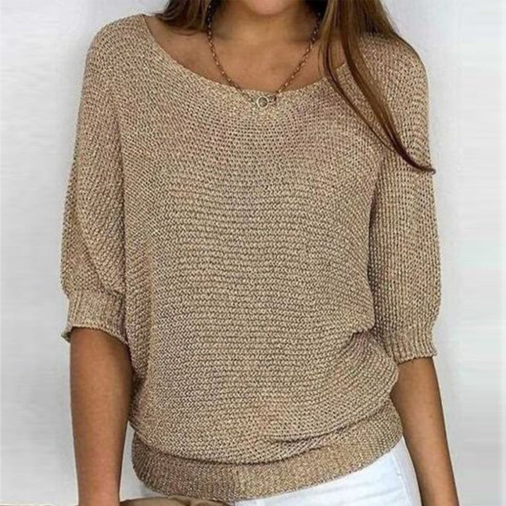 Damenpullover in Beige, Strickoptik, mit Rundhalsausschnitt und halblangen Ärmeln. Perfekt für den Herbst. Modisch, bequem, vielseitig.