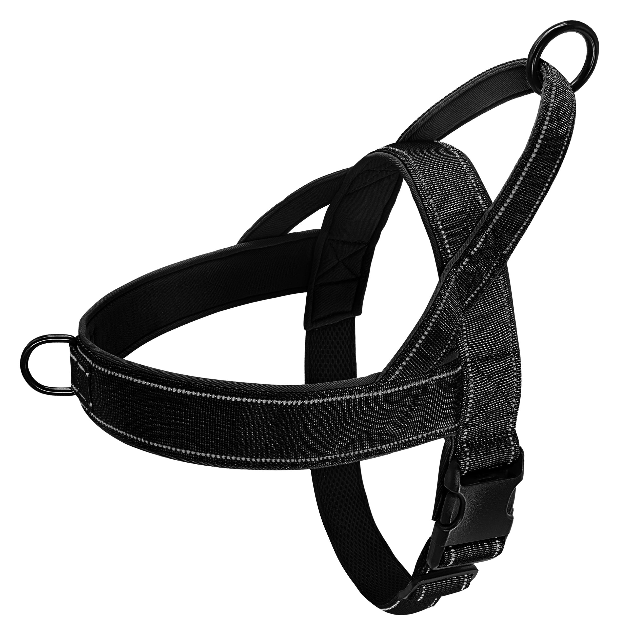 Schwarzes Hundegeschirr mit reflektierenden Nähten, verstellbar und robust. Ideal für Spaziergänge und Training. Hochwertiges Hundezubehör.