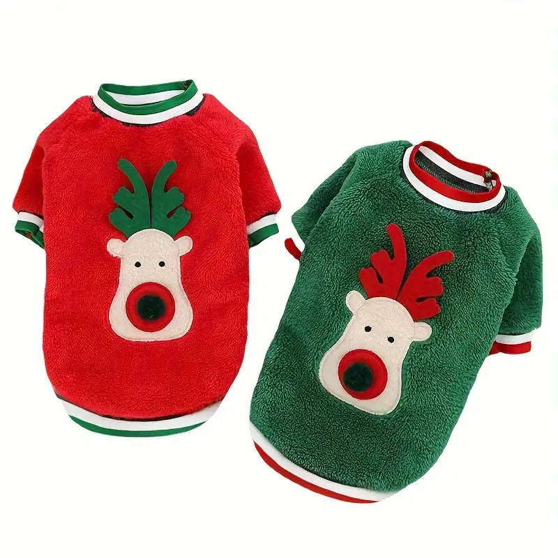 Weihnachtspullover für Hunde, rot und grün, mit Rentiermotiv. Perfekt für festliche Anlässe. Hundebekleidung, Weihnachtsoutfit, Haustiermode.