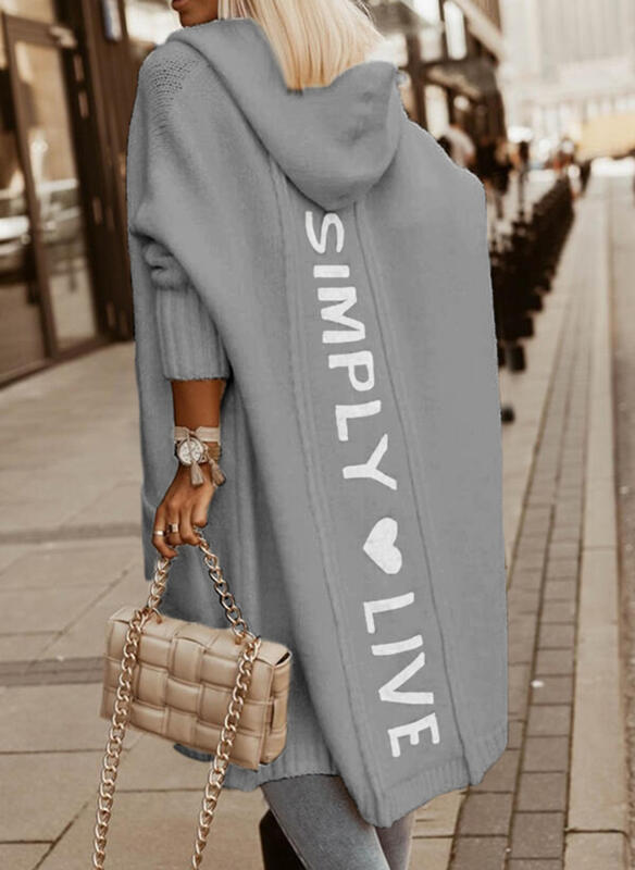 Damen Strickjacke mit Kapuze, graue Farbe, Aufschrift "SIMPLY LIVE", modisch, lässig, ideal für Herbst, Winter, gemütlicher Stil, Streetwear.