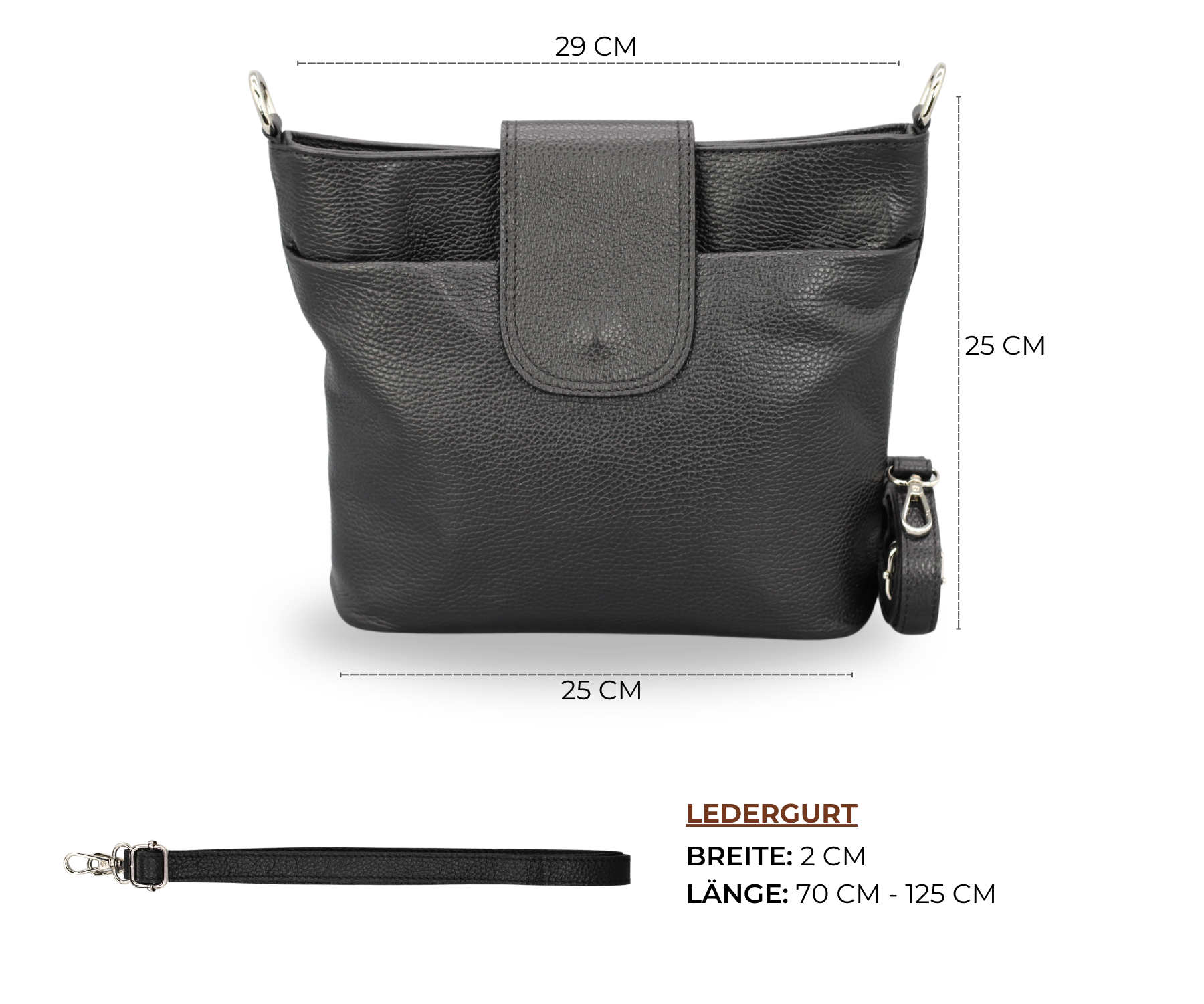 Schwarze Lederhandtasche, 25x29 cm, mit verstellbarem Ledergurt (70-125 cm). Elegantes Design, ideal für Damenmode und Accessoires.