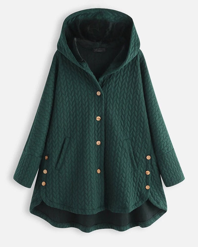 Damen Kapuzenjacke in Dunkelgrün, gesteppter Stoff, Knopfverschluss, modisch und warm. Perfekt für Herbst und Winter. Elegante Freizeitmode.