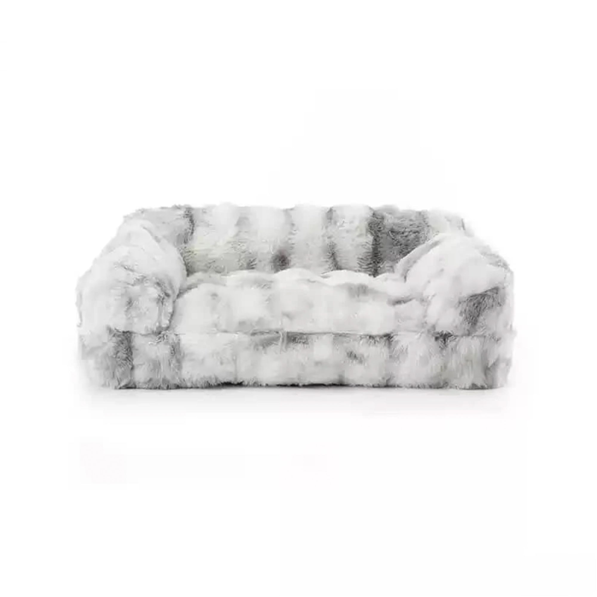 Flauschiges, dickes, beruhigendes Haustierbett für Hunde und Katzen, grau-weiß, Sofa-Stil.
