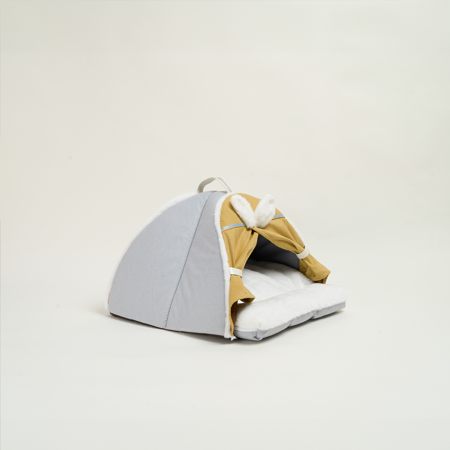 Katzenbett Zeltform grau beige, weiches Kissen, gemütlicher Schlafplatz für Katzen.