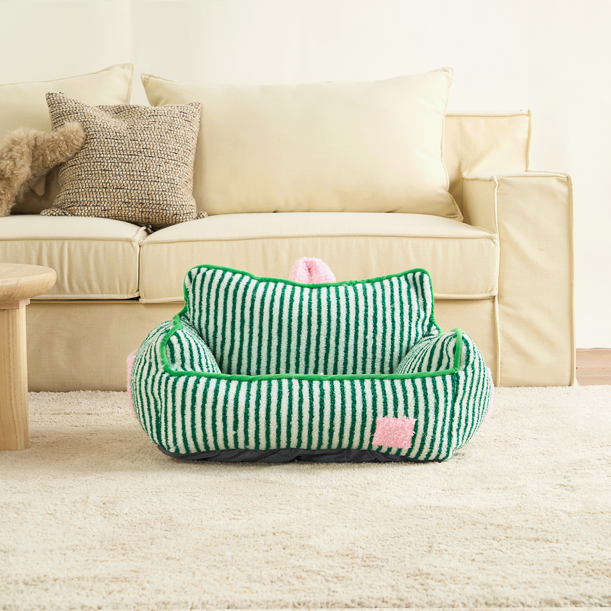 Grünes gestreiftes Haustiersofa vor beigem Sofa, gemütliches Design, Wohnzimmer.