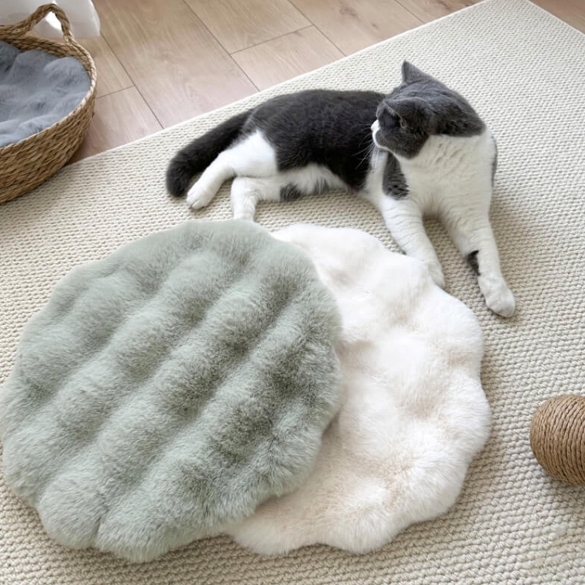 Weiches, plüschiges, rundes Hundebett in Grau und Weiß auf Teppich mit Katze.