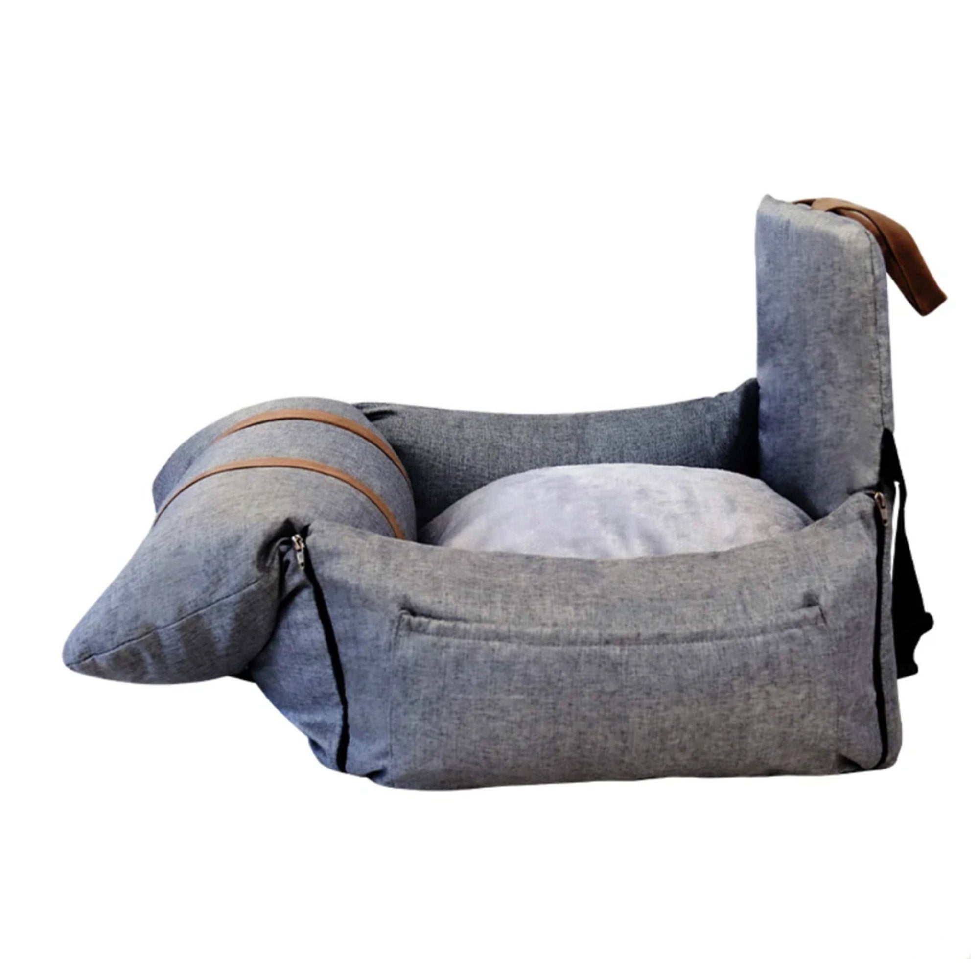Orthopädischer grauer Hundeautositz, multifunktional, sicher, bequem, Haustierbett.