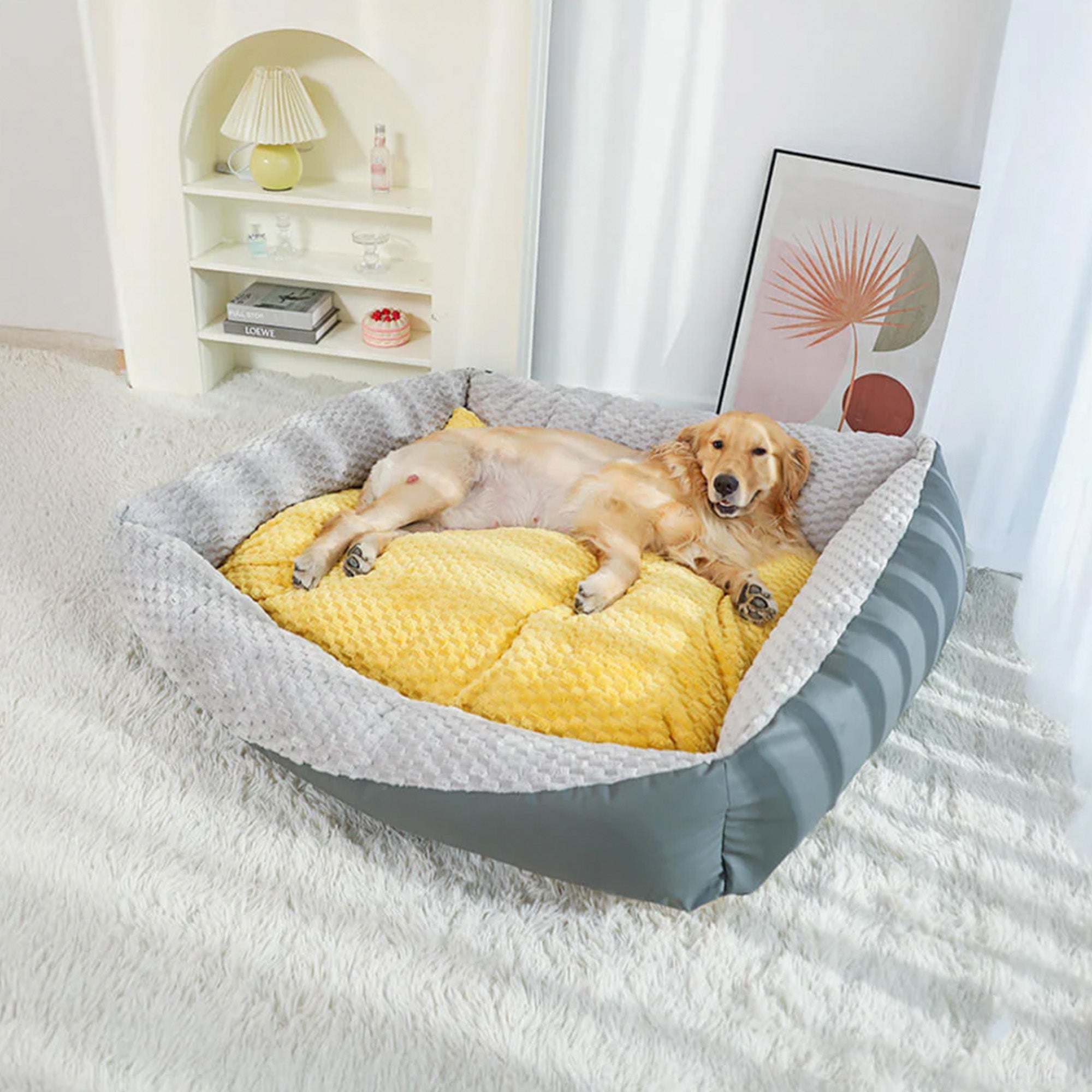 Graues und gelbes orthopädisches Hundebett, plüschig, gemütlich, für Haustiere, Vintage-Stil.