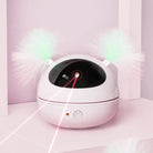Weißer automatischer Katzenlaser-Spielzeug mit flauschigen Ohren, interaktiv, batteriebetrieben.