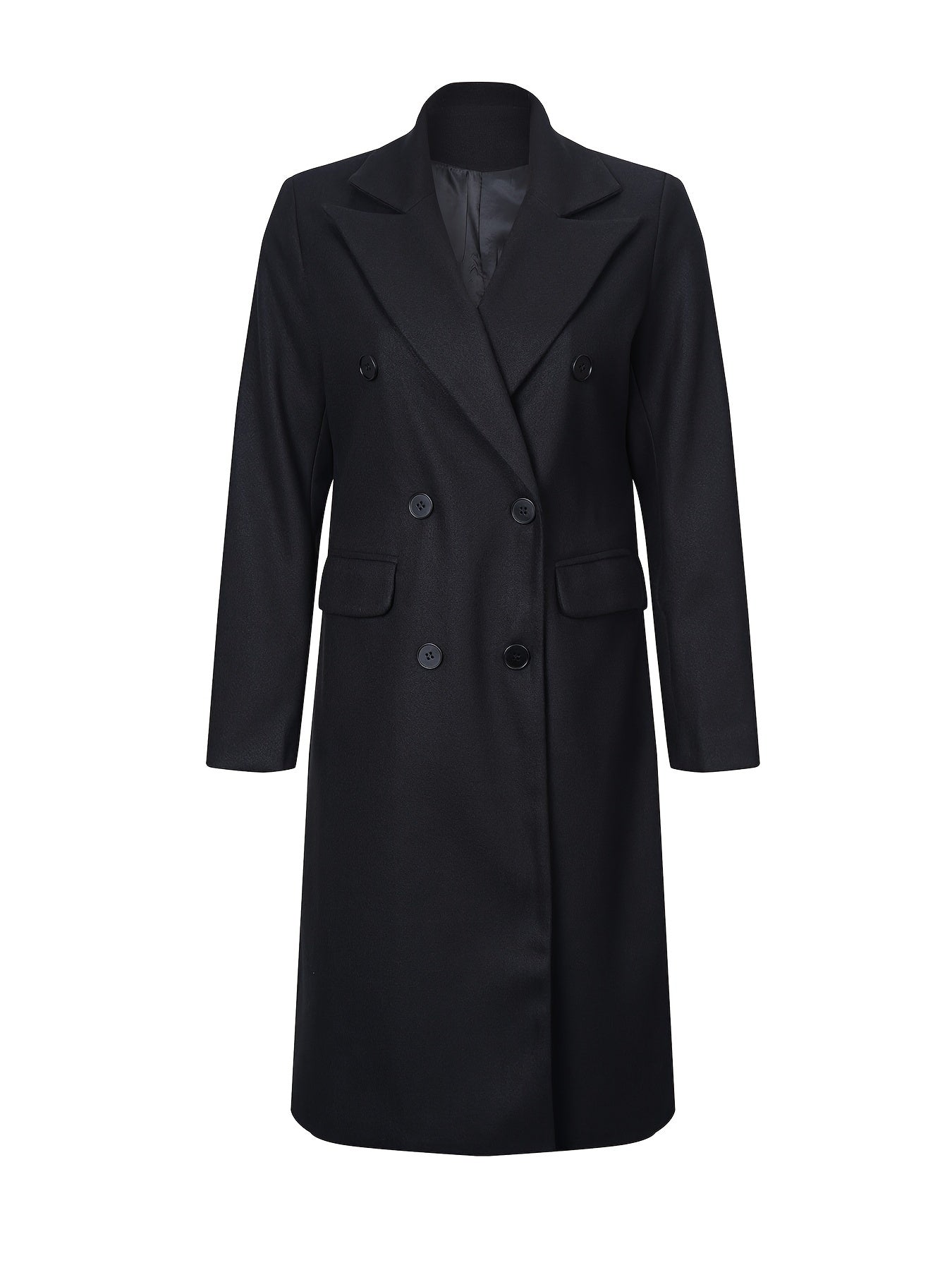 Eleganter schwarzer Damenmantel, doppelreihig, klassischer Schnitt, ideal für Herbst und Winter. Hochwertige Mode, zeitloser Stil.