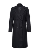 Eleganter schwarzer Damenmantel, doppelreihig, klassischer Schnitt, ideal für Herbst und Winter. Hochwertige Mode, zeitloser Stil.